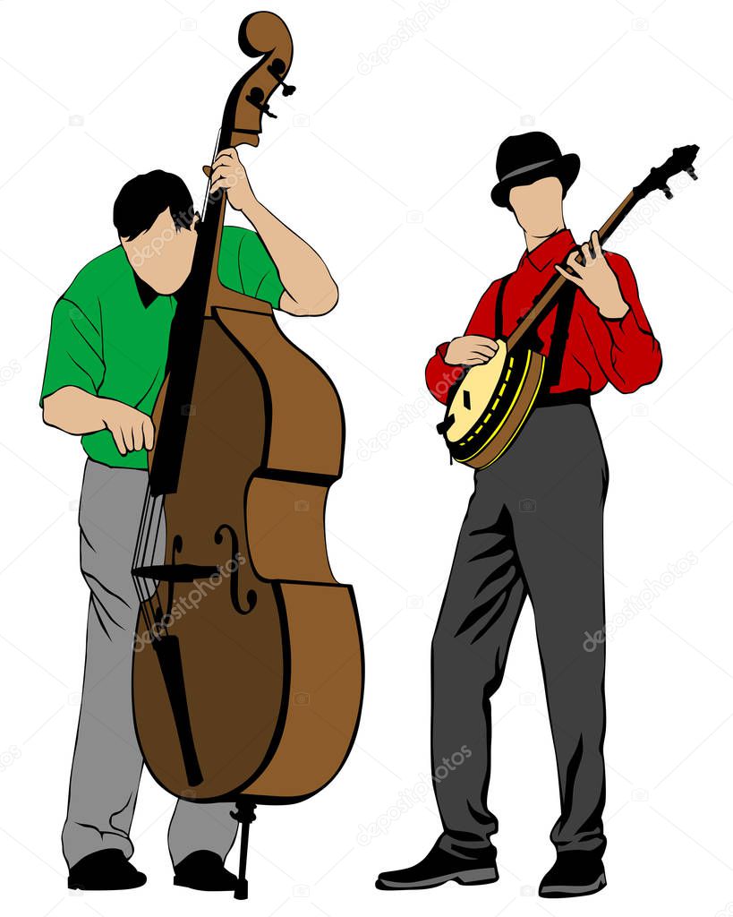 Men whit double bass and banjo play at a concert. Silhouettes of musicians on a white background