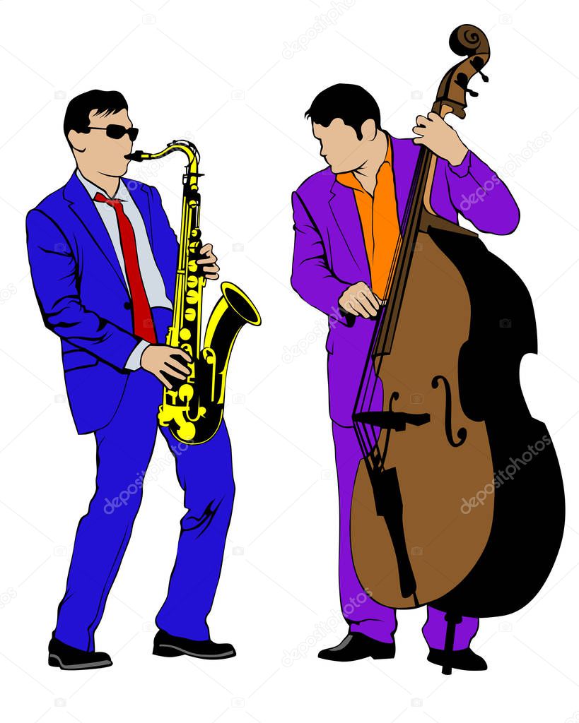 Men with saxophone and double bass at concert. Isolated silhouettes of musicians on white background