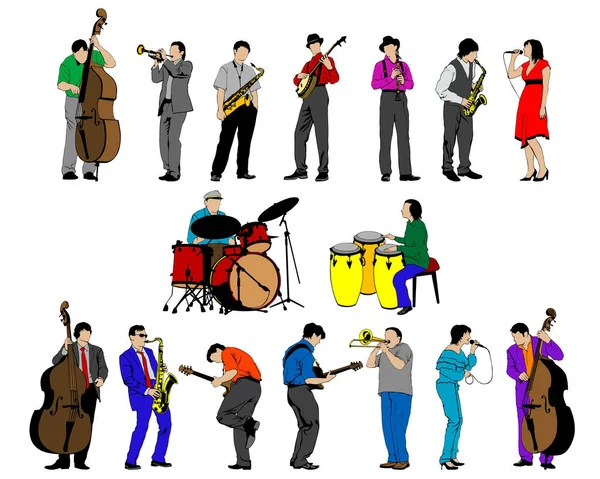 Jazz Musicians Instruments Isolated Silhouettes White Background — Stock Vector