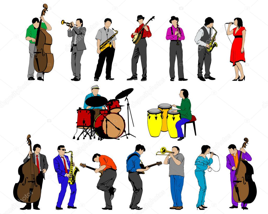 Jazz musicians with instruments . Isolated silhouettes on a white background