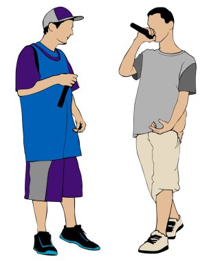 Moda kıyafetleri içinde hip hop sanatçıları. Beyaz arka planda izole edilmiş insan siluetleri.