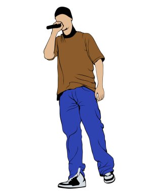 Moda kıyafetleri içinde hip hop sanatçıları. Beyaz arka planda izole edilmiş insan siluetleri.