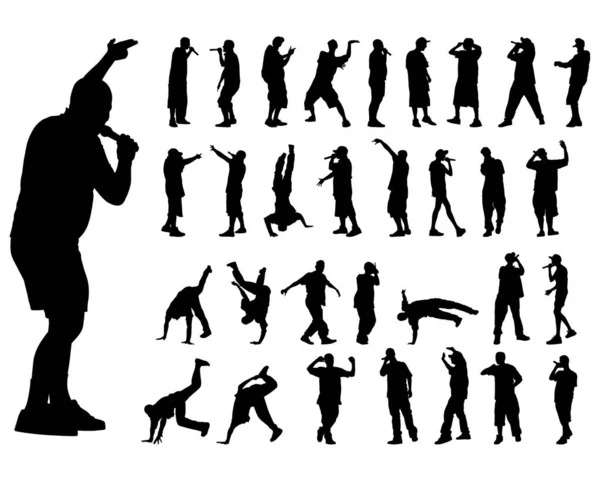 Artistas Hip Hop Bailando Cantando Siluetas Aisladas Personas Sobre Fondo — Vector de stock