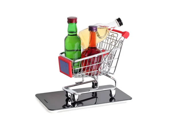 Metal Cart Whit Bottle Store White Background — 스톡 사진