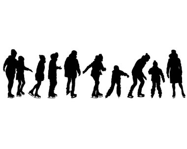 Çocuklar ve yetişkinler buz pateni yapar. Beyaz arka planda izole edilmiş insan siluetleri.