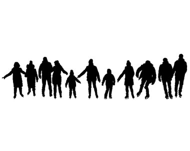 Çocuklar ve yetişkinler buz pateni yapar. Beyaz arka planda izole edilmiş insan siluetleri.