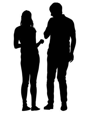 Bir çift genç adam ve kız. Beyaz arka planda izole edilmiş insan siluetleri.