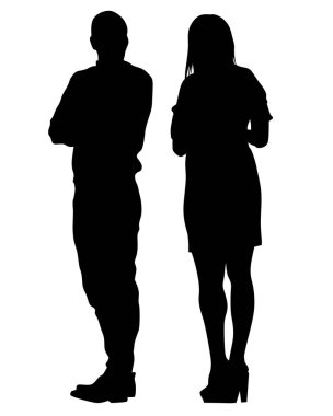 Bir çift genç adam ve kız. Beyaz arka planda izole edilmiş insan siluetleri.