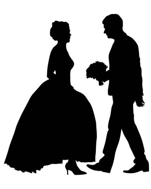 Bir çift gelin ve damat. Beyaz arka planda izole edilmiş insan siluetleri.