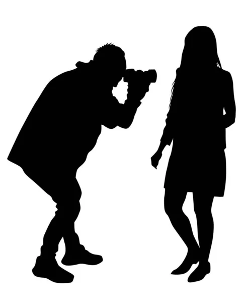 Homme Avec Caméra Femme Sur Fond Blanc Silhouettes Isolées Personnes — Image vectorielle
