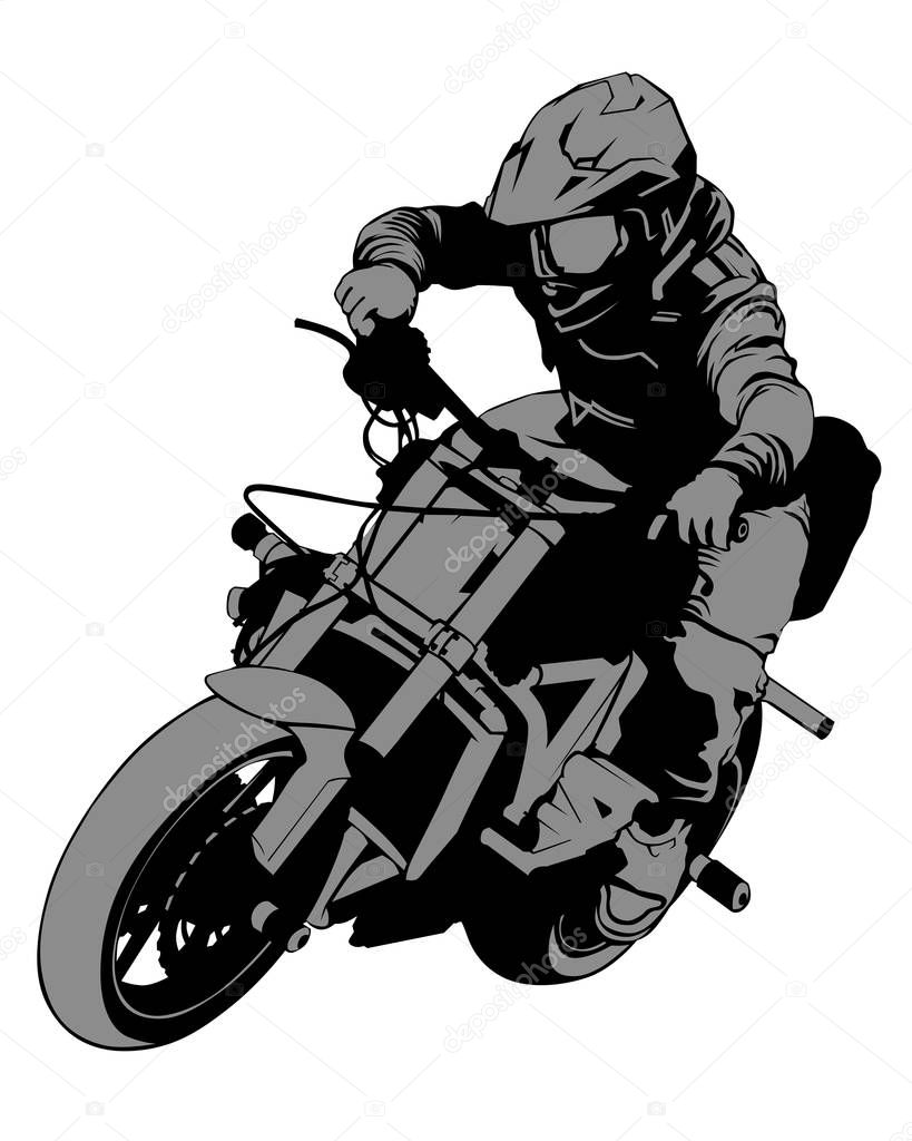 Young man on sports bike performs tricks. Isolated silhouette on a white background