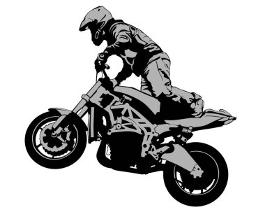 Bisikletli genç adam numaralar yapıyor. Beyaz arka planda izole edilmiş siluet