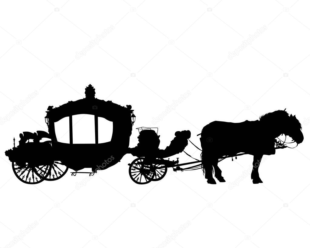 Horses harnessed to a beautiful old carriage. Isolated silhouette on a white background