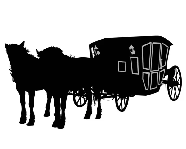 马被拴在一辆漂亮的旧马车上 白色背景上孤立的轮廓 — 图库矢量图片