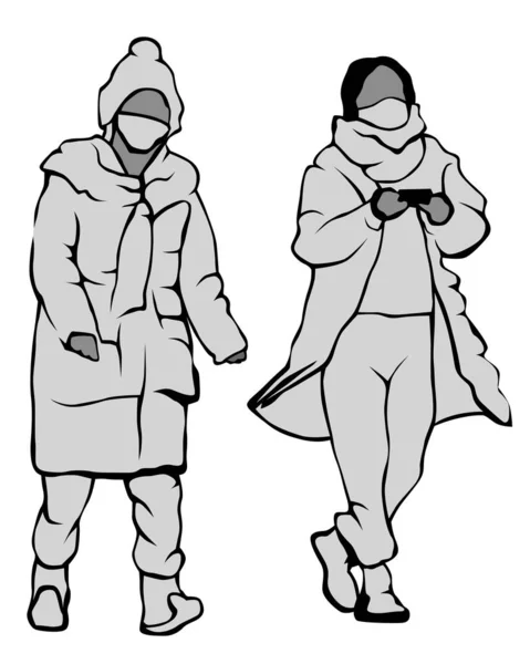Mensen Winterkleding Beschermende Maskers Lopen Langs Straat Geïsoleerde Mensen Een — Stockvector