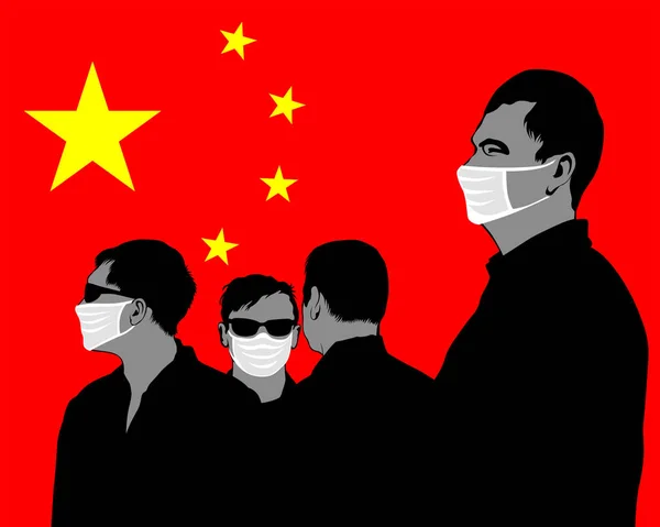 Personas Con Máscaras Médicas Protectoras Fondo Bandera China — Archivo Imágenes Vectoriales