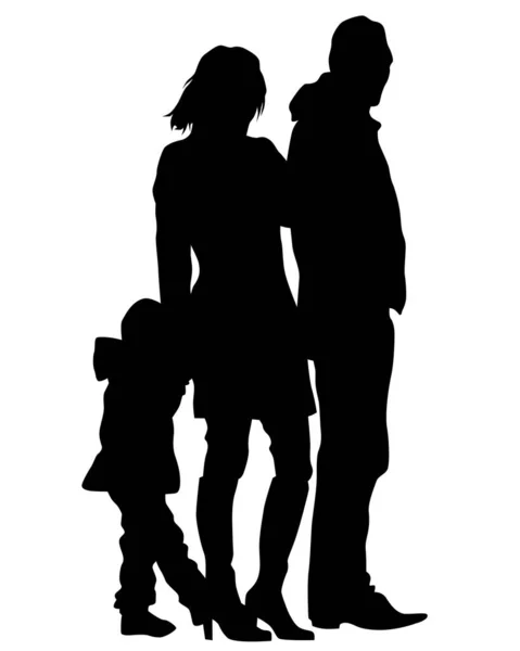 Families Little Child Walking Street Isolated Silhouettes People White Background — Stock Vector