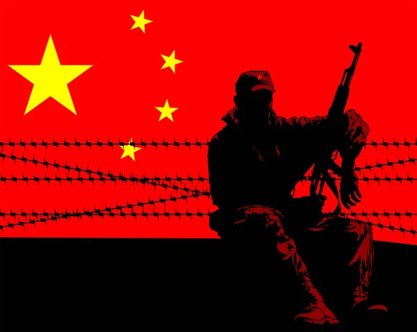 Солдат Защитной Форме Пулеметом Фоне Китайского Флага — стоковый вектор