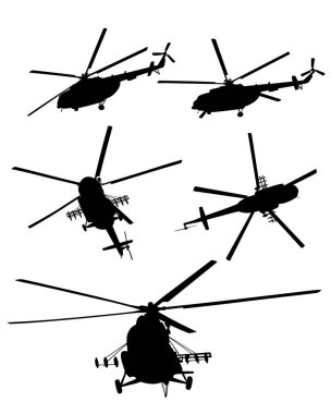 Askeri helikopter gökyüzünde uçuyor. Beyaz arkaplanda siluet