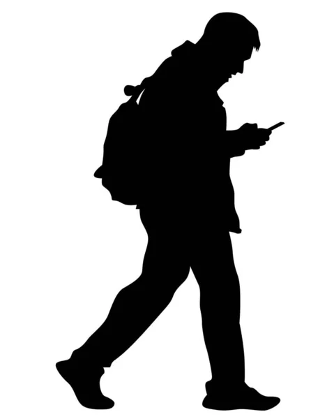 Homme Avec Sac Dos Smartphone Silhouette Isolée Sur Fond Blanc — Image vectorielle