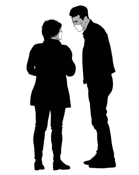 Junge Frau Und Mann Küssen Sich Medizinischen Masken Vereinzelte Silhouetten — Stockvektor