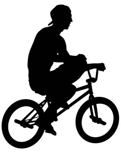 Молодой Спортсмен Велосипеде Экстремальных Трюков Изолированный Силуэт Белом Фоне — стоковый вектор