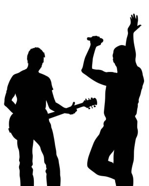 Gitarist ve şarkıcı sahnede sahne alacak. Beyaz arka planda izole edilmiş insan siluetleri.