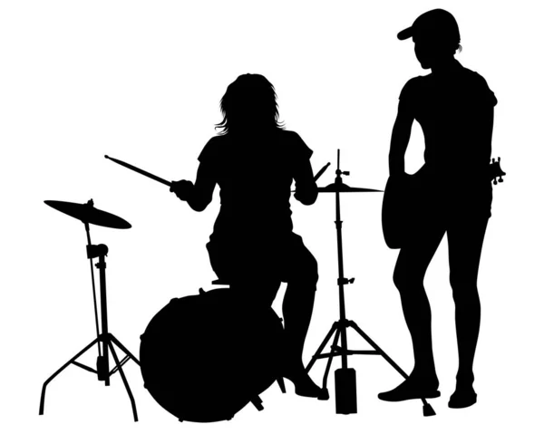 Jonge Vrouwen Spelen Drums Bas Geïsoleerde Silhouetten Een Witte Achtergrond — Stockvector