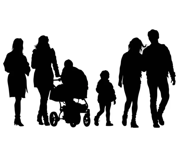 Famiglie Con Bambini Piccoli Che Camminano Strada Silhouette Isolate Persone — Vettoriale Stock