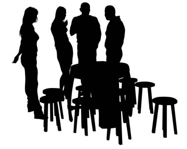 Şehir kafesindeki insanlar. Beyaz arka planda izole edilmiş insan siluetleri.