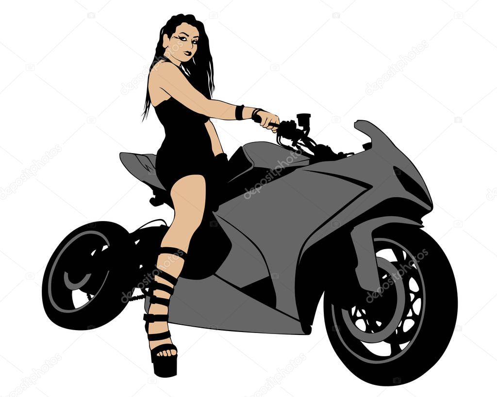 Beauty women on sports motorcycle. Isolated silhouette on a white background
