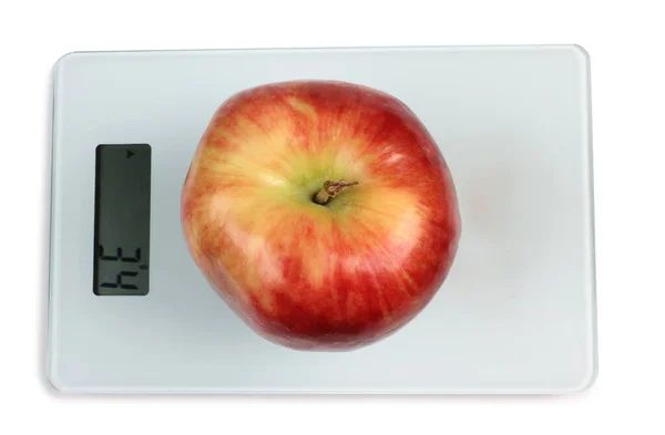 Velké Červené Jablko Kuchyňské Stupnici Bílém Pozadí — Stock fotografie