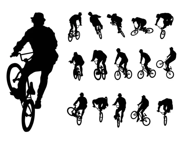 極端なスタントのための自転車に若い選手 白い背景に孤立したシルエット — ストックベクタ