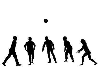 Erkekler ve kadınlar sokakta voleybol oynarlar. Beyaz arka planda izole edilmiş insan siluetleri.