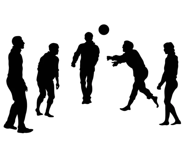 Мужчины Женщины Играют Волейбол Улице Изолированные Силуэты Людей Белом Фоне — стоковый вектор