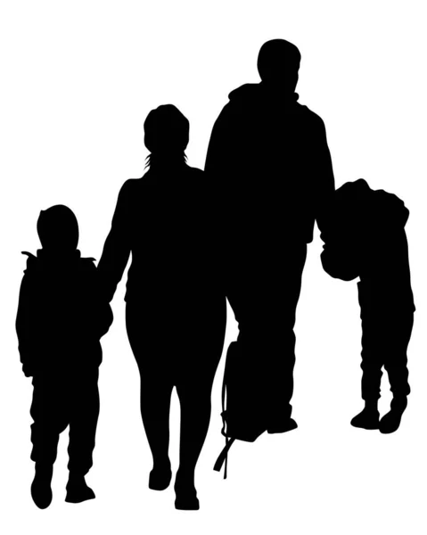 Familias Con Niños Caminando Por Calle Siluetas Aisladas Personas Sobre — Vector de stock