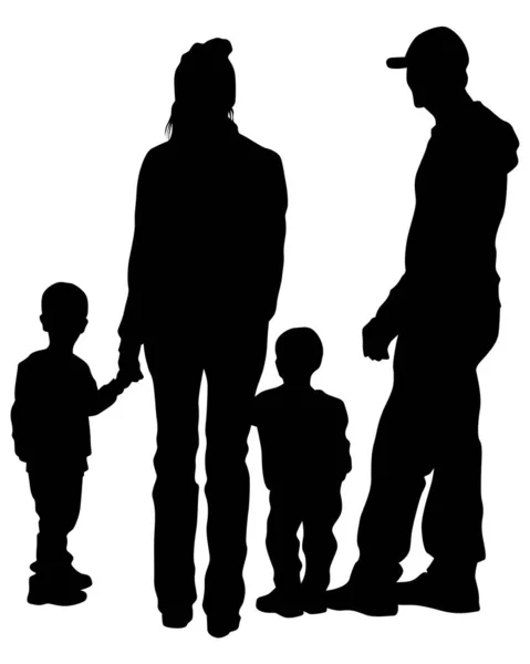 Familjer Med Små Barn Som Går Gatan Isolerade Silhuetter Människor — Stock vektor