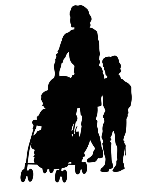 Familias Con Niños Caminando Por Calle Siluetas Aisladas Personas Sobre — Archivo Imágenes Vectoriales