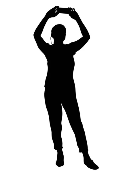 Une Jeune Femme Tient Smartphone Dans Main Silhouettes Isolées Personnes — Image vectorielle