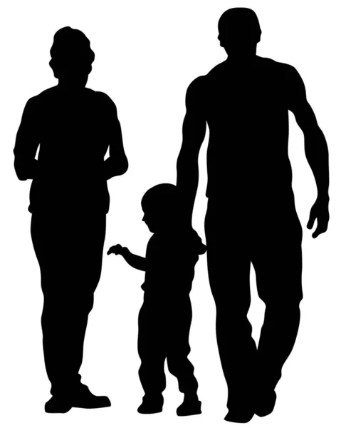 孩子还在街上散步的家庭 具有白人背景的人的孤立的轮廓 — 图库矢量图片