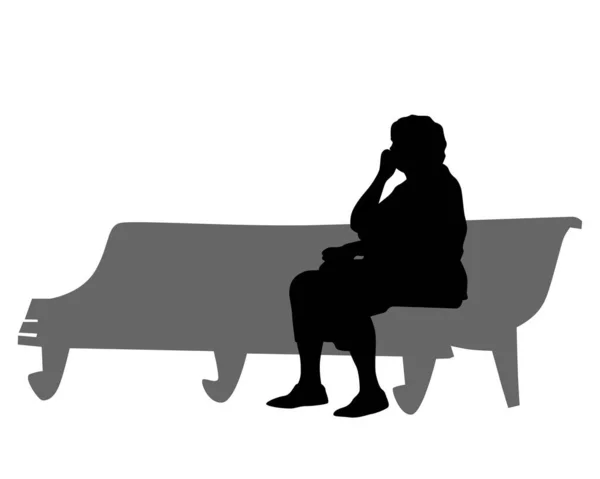 Elderly Woman Sits Park Bench Isolated Silhouette White Background — Stock Vector