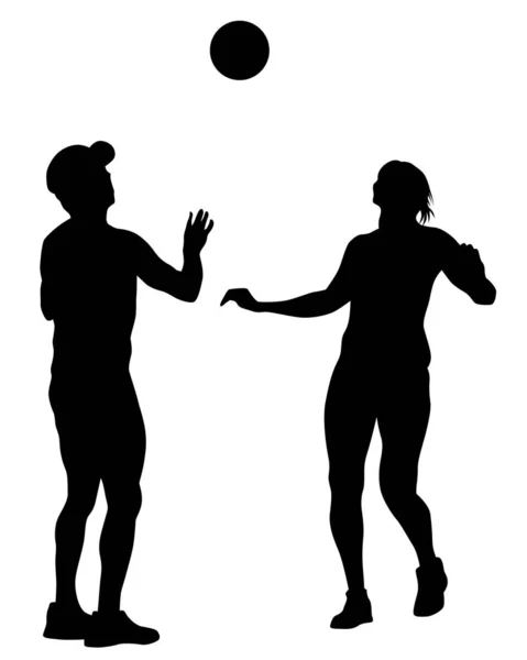 Мужчина Женщина Играют Волейбол Пляже Изолированные Силуэты Белом Фоне — стоковый вектор