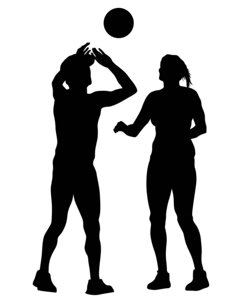 Homme Femme Jouent Volley Ball Sur Plage Silhouettes Isolées Sur — Image vectorielle