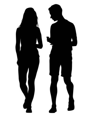 Genç adam ve kadın yan yana duruyorlar. Beyaz arka planda izole edilmiş siluet
