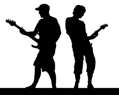 Rock grubu müzisyenleri sahnede. Beyaz arka planda izole edilmiş siluetler