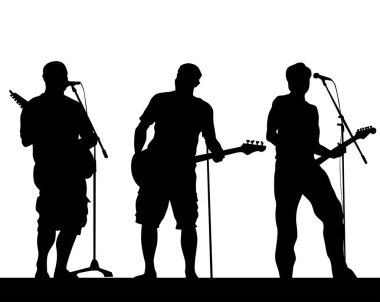 Rock grubu müzisyenleri sahnede. Beyaz arka planda izole edilmiş siluetler