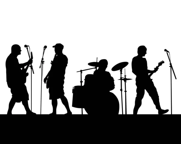Rock Band Musicians Stage Isolated Silhouettes White Background — Stock Vector