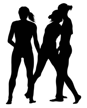 Plajda mayo giyen genç ve güzel kızlar. Beyaz arka planda izole edilmiş siluetler