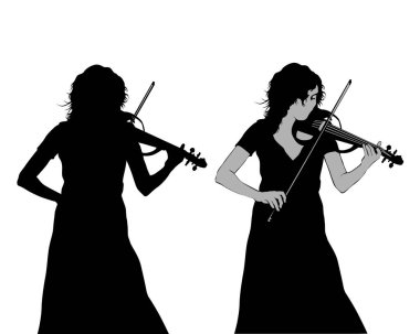 Konserde keman çalan genç bir kız. Beyaz arka planda izole edilmiş siluet