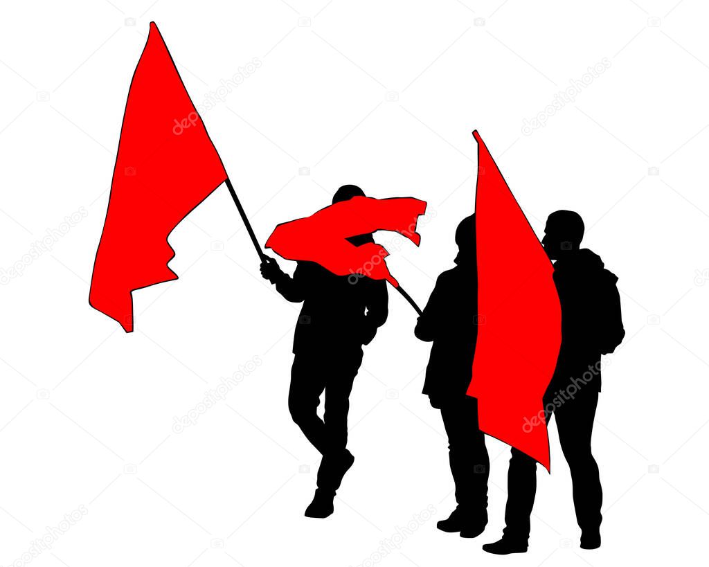 People of with large flags. Isolated silhouettes of people on a white background
